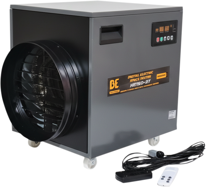 BE Fan Forced Digital Electric Heater w/Remote Thermostat, 3 Stage Up to 15kW 3 Phase 415V - Amp Draw 21.7A 1544m3/h 120m2 With Wheels & Handle [PIN HE150-3T]