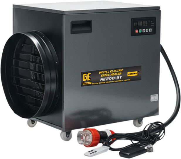BE Fan Forced Digital Electric Heater w/Remote Thermostat, 3 Stage Up to 20kW 3 Phase 415V - Amp Draw 28.9A 2492m3/h 180m2 With Wheels & Handle [PIN HE200-3T]