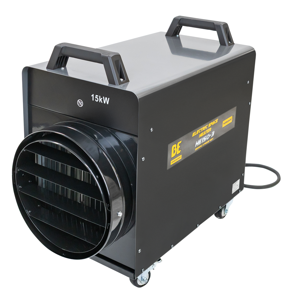 BE Fan Forced Electric Heater 4 Stage Up to 15kW 3 Phase 415V - Amp Draw 21.7A 1520m3/h 120m2 With Wheels & Handle [PIN HE150-3]
